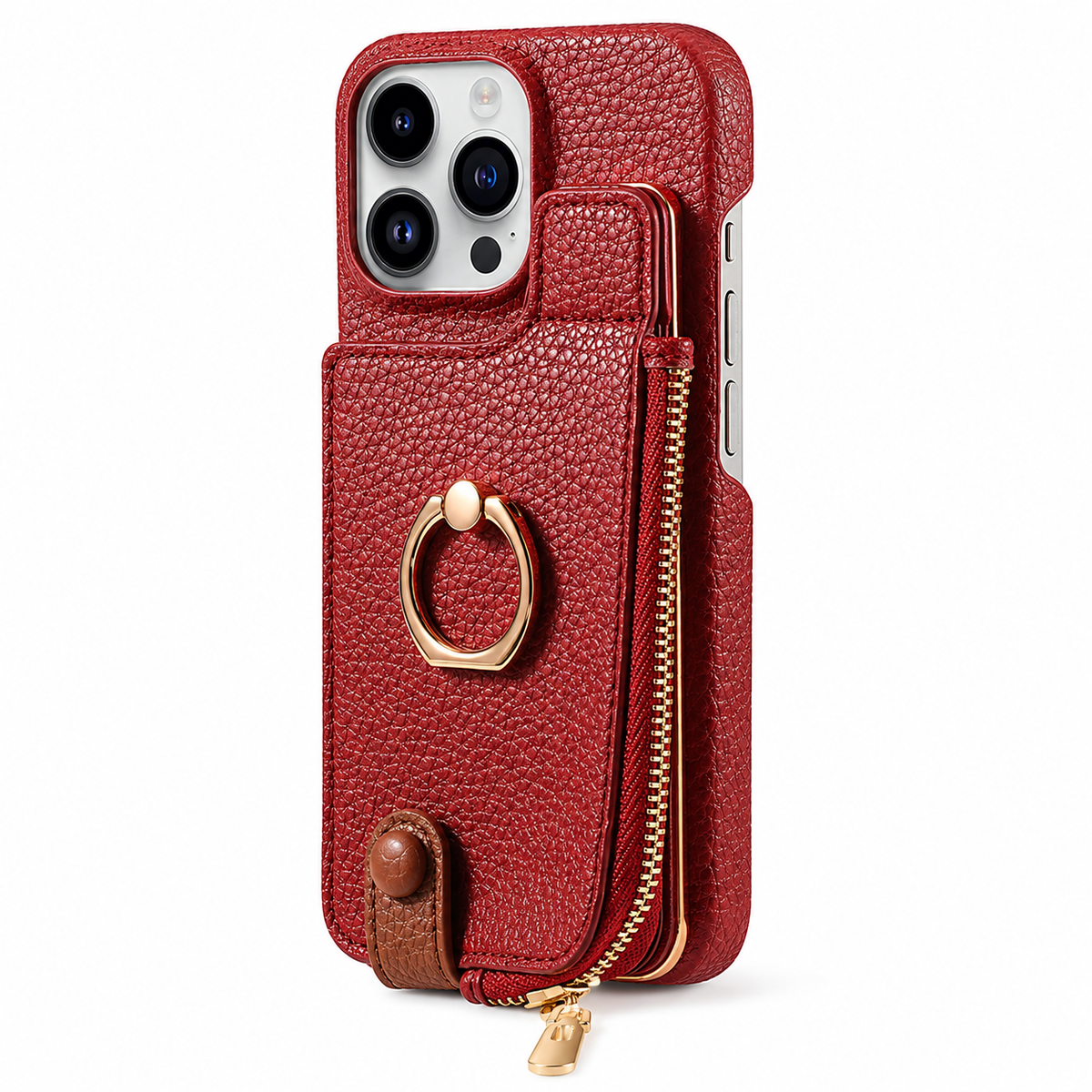Premium iPhone Case Leather Wallet Zipper Card Holder Ring Kickstand Magnetic Closure Shockproof Protective Cover Anti Fingerprint Anti Scratch Full Coverage