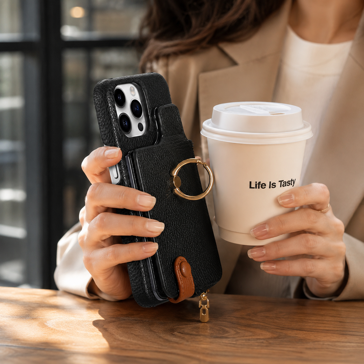 Premium iPhone Case Leather Wallet Zipper Card Holder Ring Kickstand Magnetic Closure Shockproof Protective Cover Anti Fingerprint Anti Scratch Full Coverage