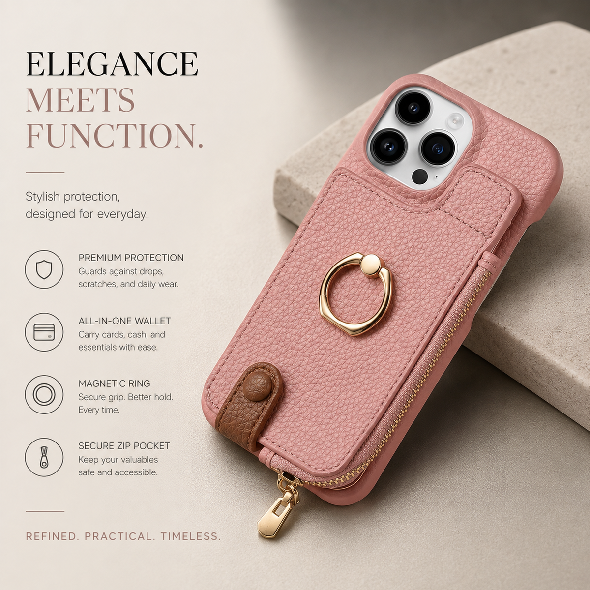 Premium iPhone Case Leather Wallet Zipper Card Holder Ring Kickstand Magnetic Closure Shockproof Protective Cover Anti Fingerprint Anti Scratch Full Coverage
