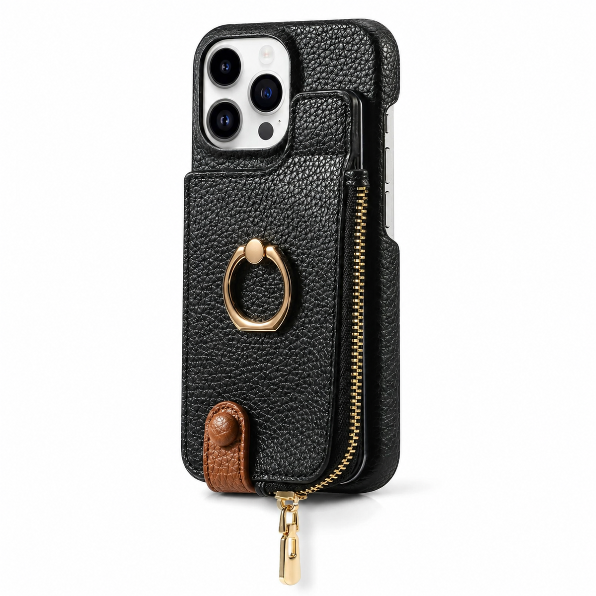 Premium iPhone Case Leather Wallet Zipper Card Holder Ring Kickstand Magnetic Closure Shockproof Protective Cover Anti Fingerprint Anti Scratch Full Coverage