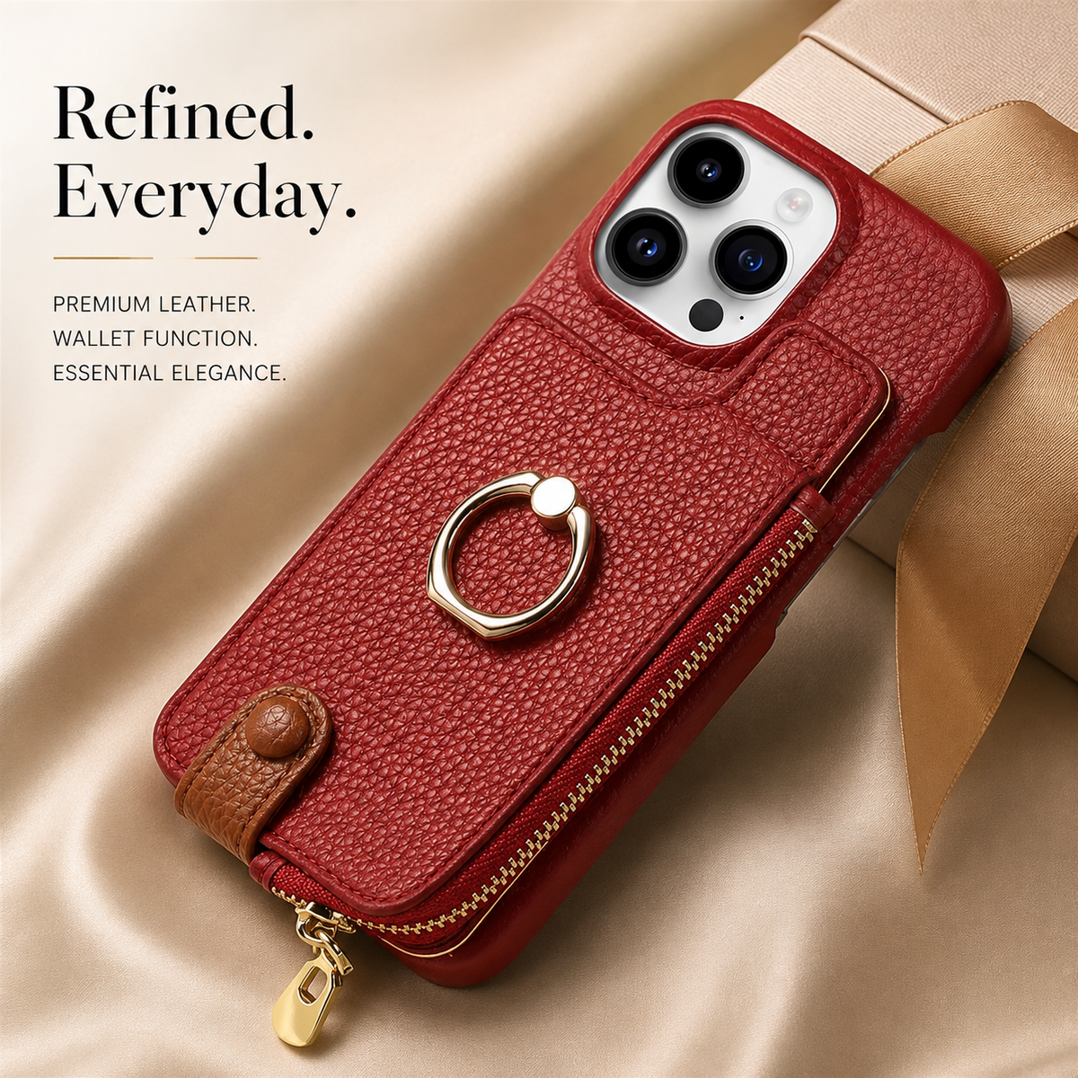 Premium iPhone Case Leather Zipper Wallet Cover Card Holder Ring Kickstand Magnetic Closure Shockproof Full Protection Slim Protective Design