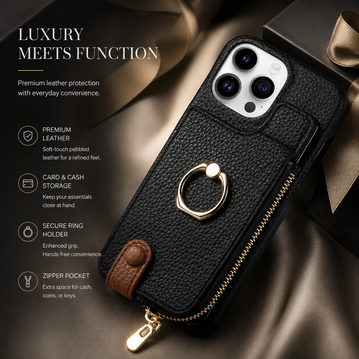 Premium iPhone Case Leather Zipper Wallet Cover Card Holder Ring Kickstand Magnetic Closure Shockproof Full Protection Slim Protective Design