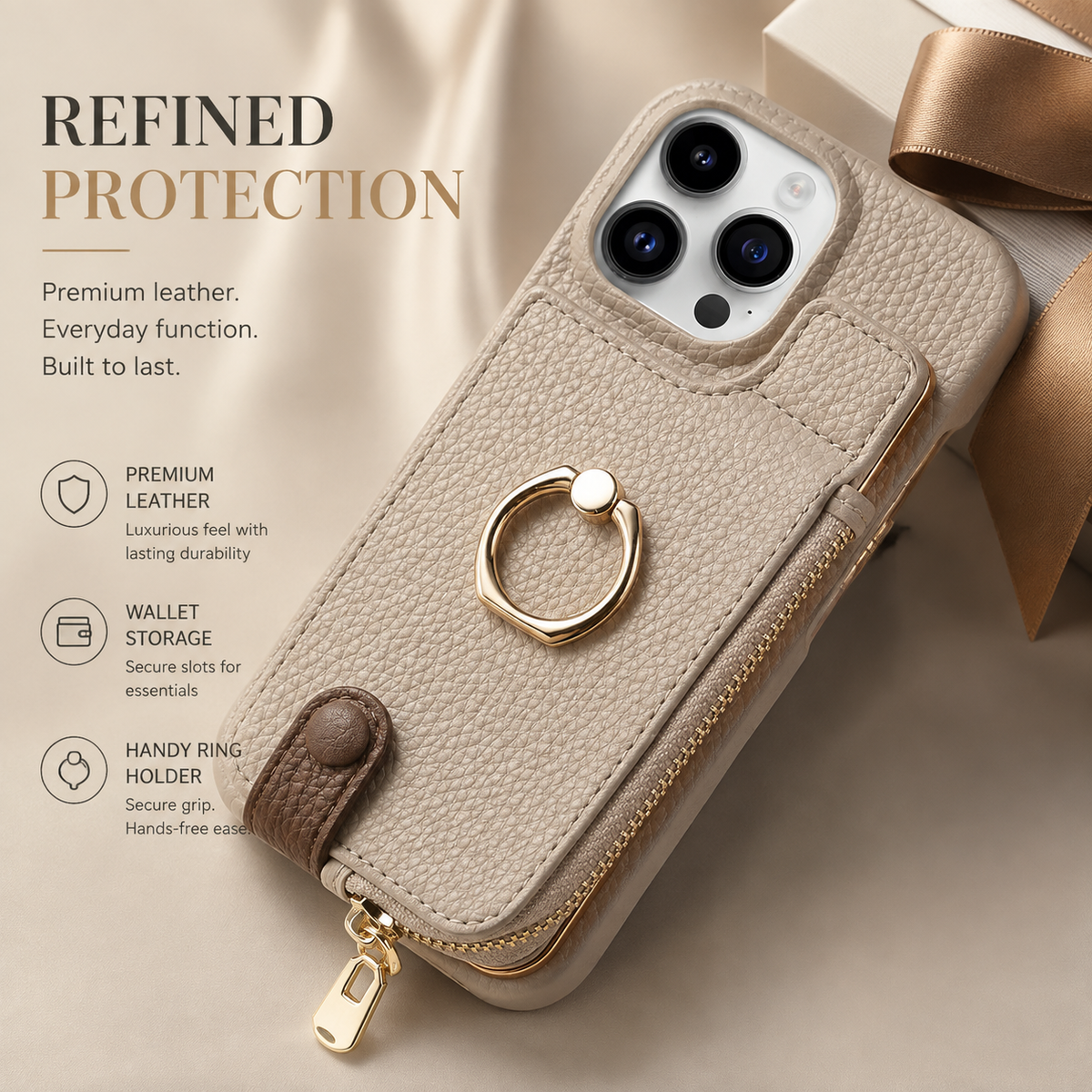 Premium iPhone Case Leather Zipper Wallet Cover Card Holder Ring Kickstand Magnetic Closure Shockproof Full Protection Slim Protective Design