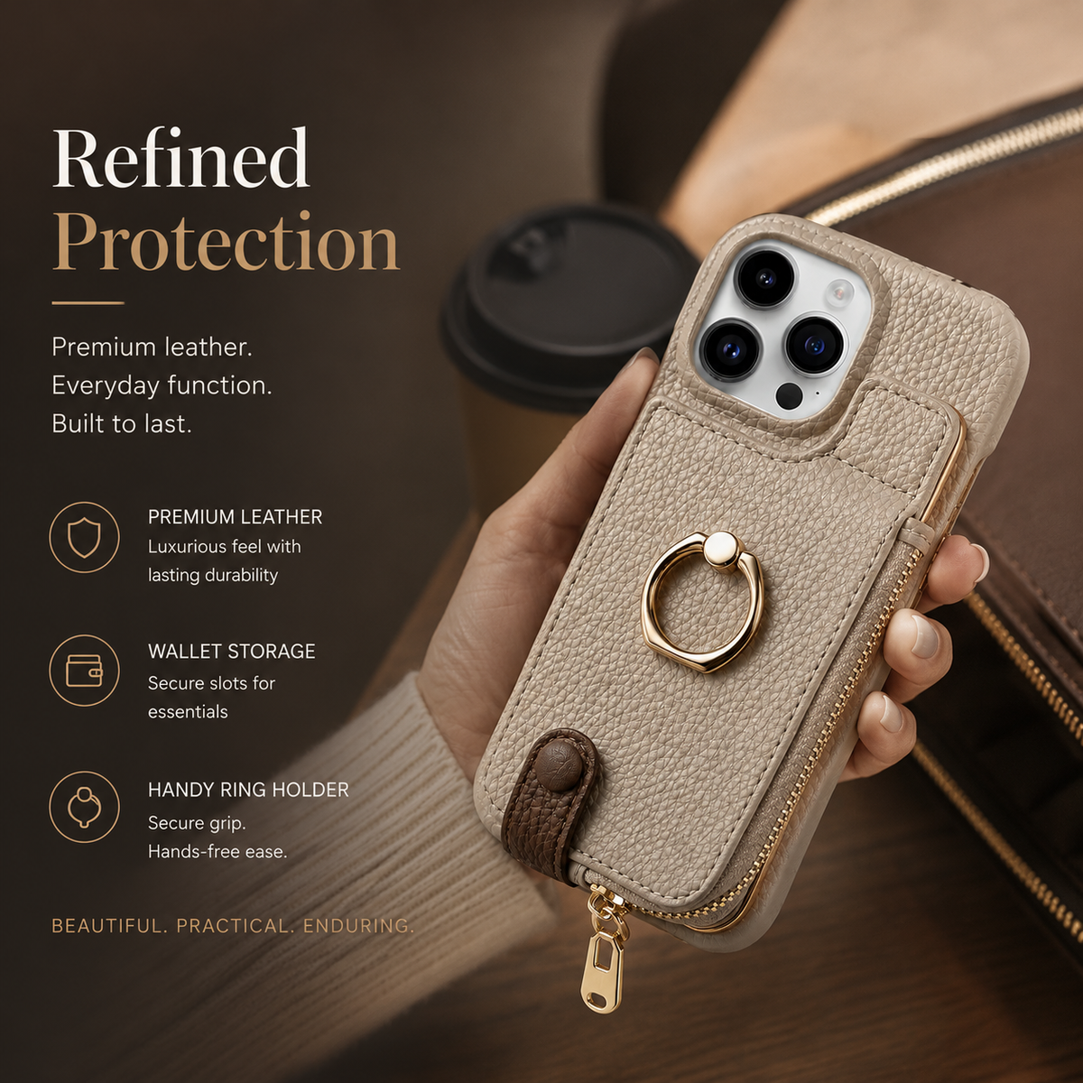 Premium iPhone Case Leather Zipper Wallet Cover Card Holder Ring Kickstand Magnetic Closure Shockproof Full Protection Slim Protective Design