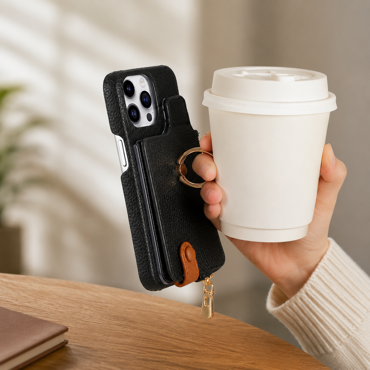 Premium iPhone Case Leather Zipper Wallet Cover Card Holder Ring Kickstand Magnetic Closure Shockproof Full Protection Slim Protective Design