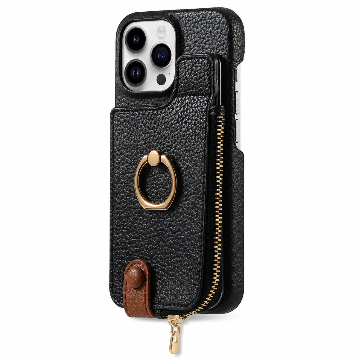 Premium iPhone Case Leather Zipper Wallet Cover Card Holder Ring Kickstand Magnetic Closure Shockproof Full Protection Slim Protective Design