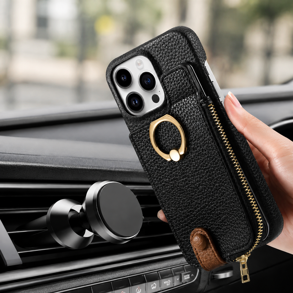 Premium iPhone Case Leather Zipper Wallet Cover Card Holder Ring Kickstand Magnetic Closure Shockproof Full Protection Slim Protective Design