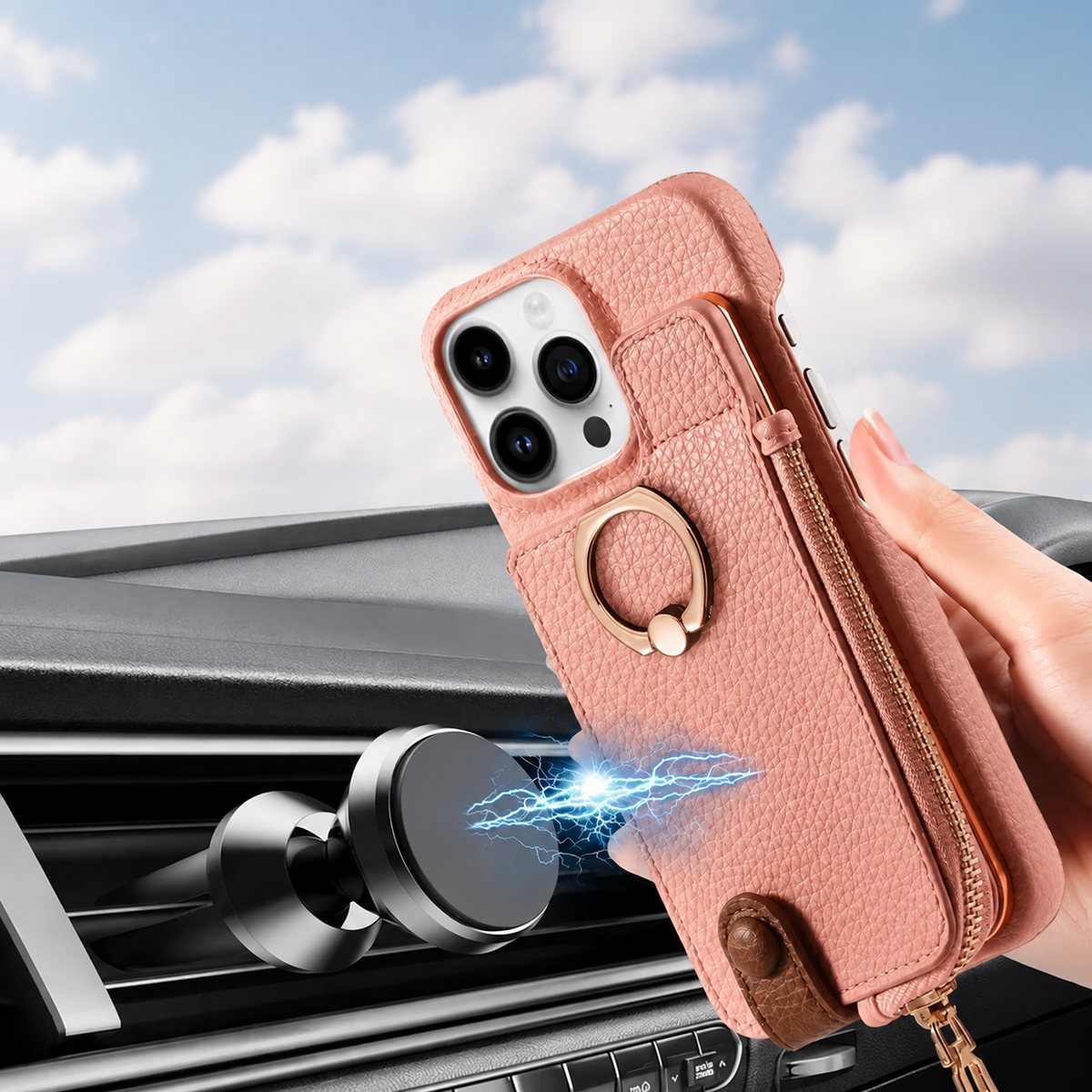 Premium iPhone Case Leather Zipper Wallet Cover Card Holder Ring Kickstand Magnetic Closure Shockproof Full Protection Slim Protective Design