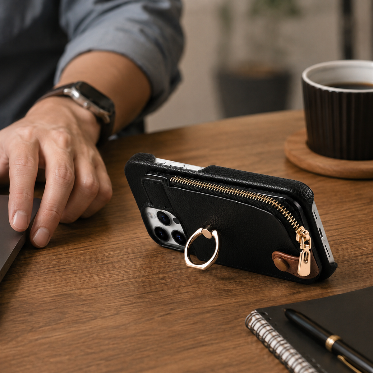 Premium iPhone Case Leather Zipper Wallet Cover Card Holder Ring Kickstand Magnetic Closure Shockproof Full Protection Slim Protective Design