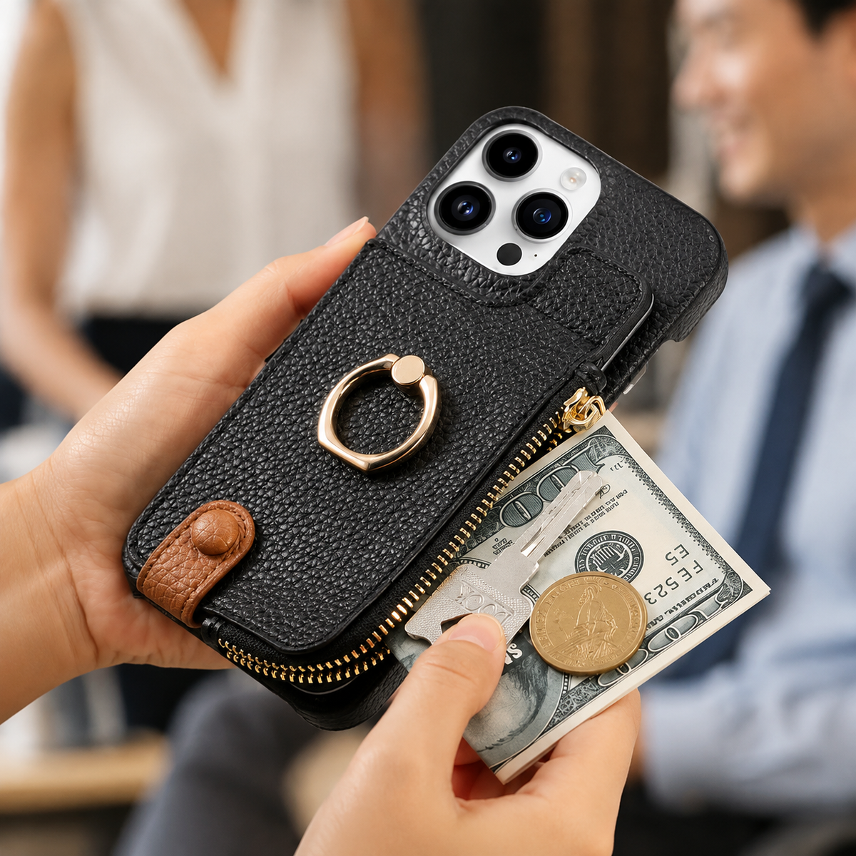 Premium iPhone Case Leather Zipper Wallet Cover Card Holder Ring Kickstand Magnetic Closure Shockproof Full Protection Slim Protective Design