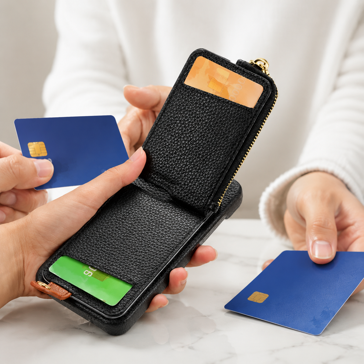 Premium iPhone Case Leather Zipper Wallet Cover Card Holder Ring Kickstand Magnetic Closure Shockproof Full Protection Slim Protective Design