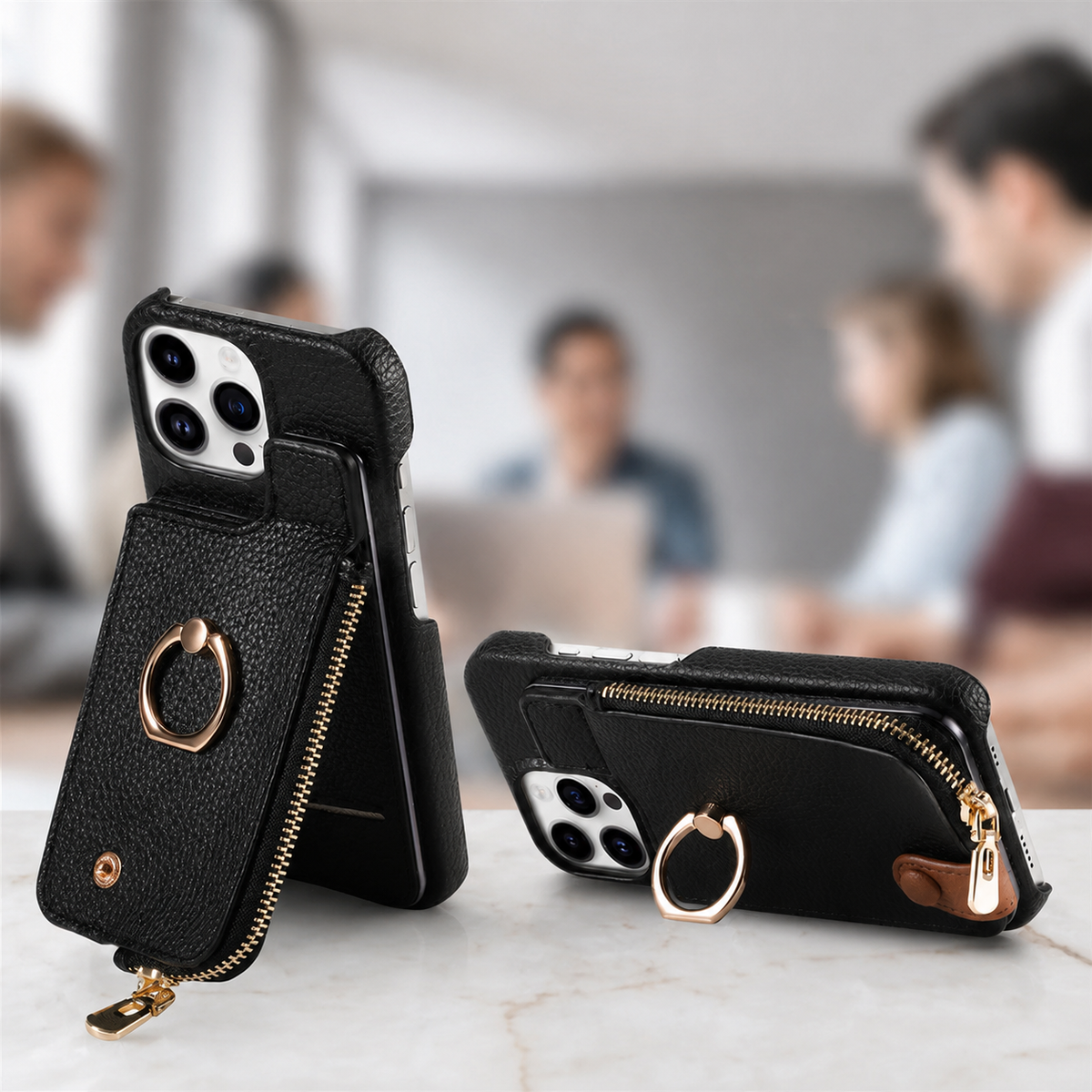 Premium iPhone Case Leather Zipper Wallet Cover Card Holder Ring Kickstand Magnetic Closure Shockproof Full Protection Slim Protective Design