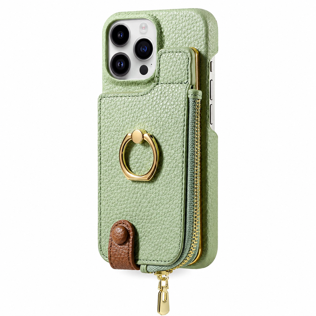 Premium iPhone Case Leather Zipper Wallet Cover Card Holder Ring Kickstand Magnetic Closure Shockproof Full Protection Slim Protective Design