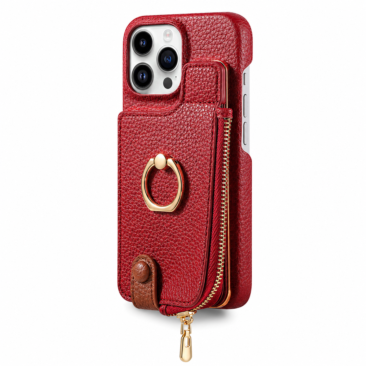 Premium iPhone Case Leather Zipper Wallet Cover Card Holder Ring Kickstand Magnetic Closure Shockproof Full Protection Slim Protective Design
