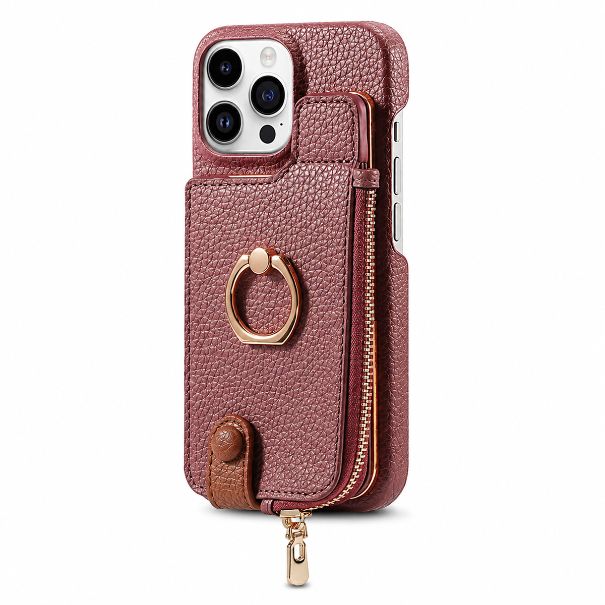 Premium iPhone Case Leather Zipper Wallet Cover Card Holder Ring Kickstand Magnetic Closure Shockproof Full Protection Slim Protective Design