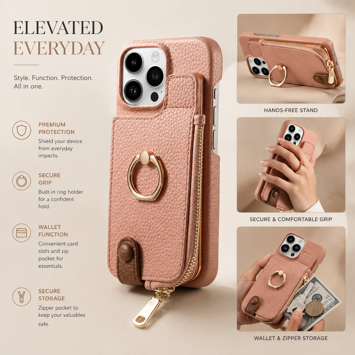 Premium iPhone Case Leather Zipper Wallet Cover Card Holder Ring Kickstand Magnetic Closure Shockproof Full Protection Slim Protective Design