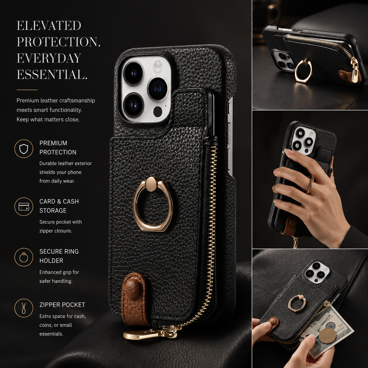 Premium iPhone Case Leather Zipper Wallet Cover Card Holder Ring Kickstand Magnetic Closure Shockproof Full Protection Slim Protective Design