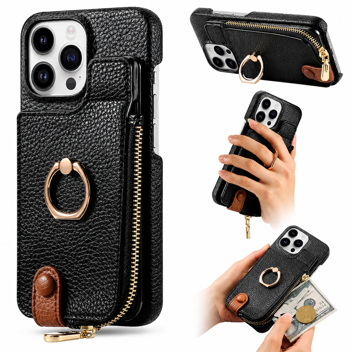 Premium iPhone Case Leather Zipper Wallet Cover Card Holder Ring Kickstand Magnetic Closure Shockproof Full Protection Slim Protective Design