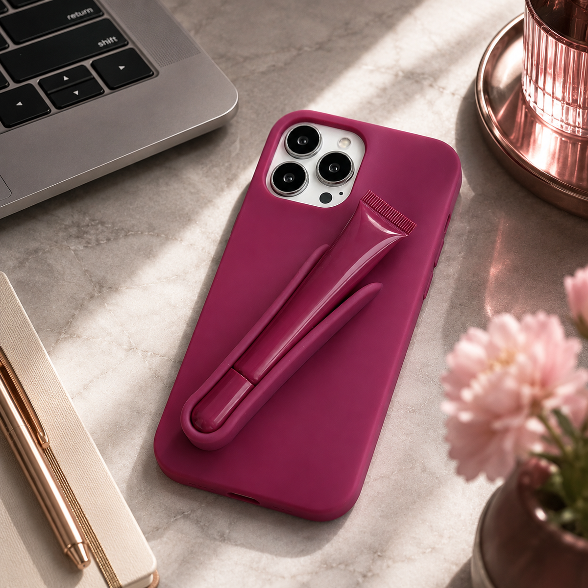 Premium iPhone Case Lip Gloss Holder Soft Silicone Protective Cover Makeup Lip Glaze Storage Slim Non Slip Lightweight Fashion Beauty Accessory Case