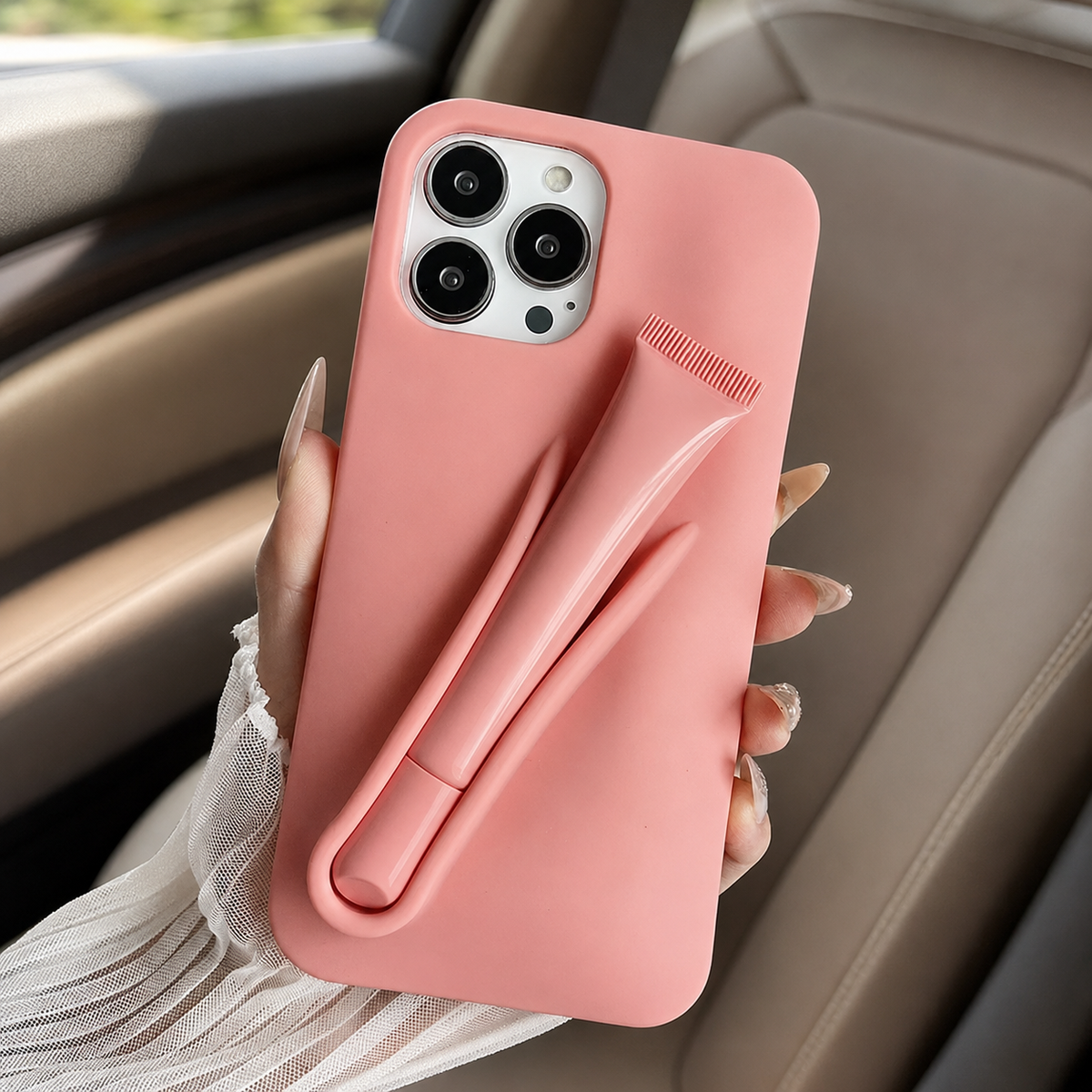 Premium iPhone Case Lip Gloss Holder Soft Silicone Protective Cover Makeup Lip Glaze Storage Slim Non Slip Lightweight Fashion Beauty Accessory Case