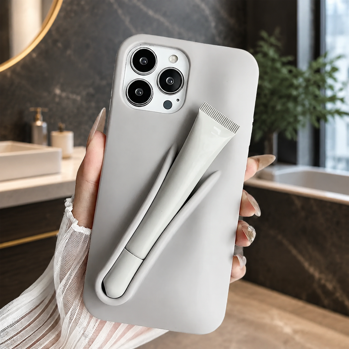 Premium iPhone Case Lip Gloss Holder Soft Silicone Protective Cover Makeup Lip Glaze Storage Slim Non Slip Lightweight Fashion Beauty Accessory Case