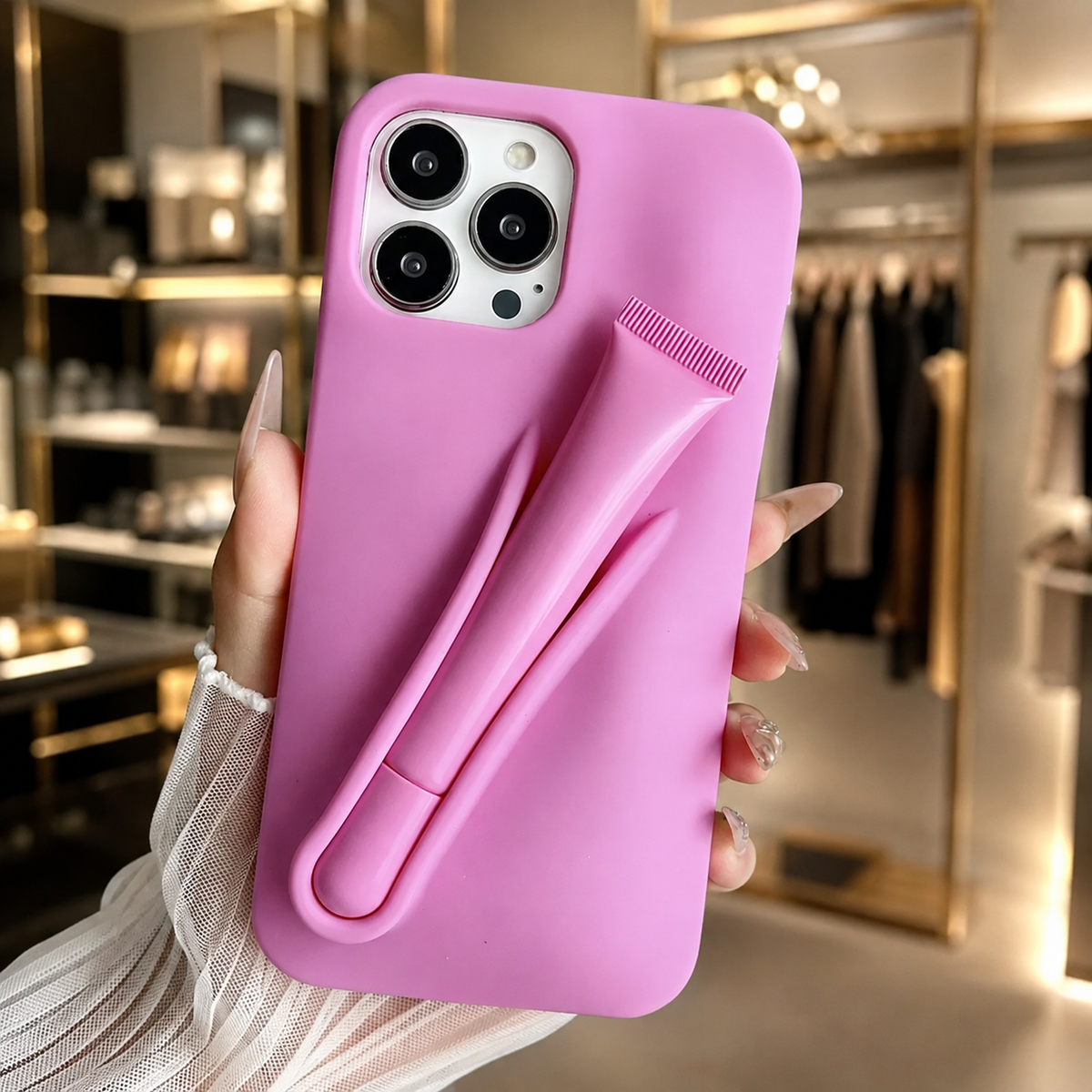 Premium iPhone Case Lip Gloss Holder Soft Silicone Protective Cover Makeup Lip Glaze Storage Slim Non Slip Lightweight Fashion Beauty Accessory Case