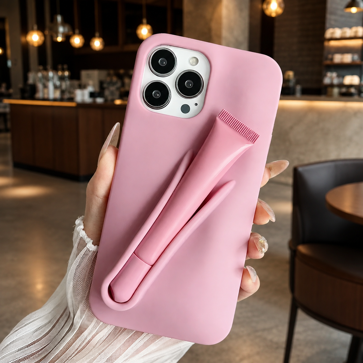 Premium iPhone Case Lip Gloss Holder Soft Silicone Protective Cover Makeup Lip Glaze Storage Slim Non Slip Lightweight Fashion Beauty Accessory Case