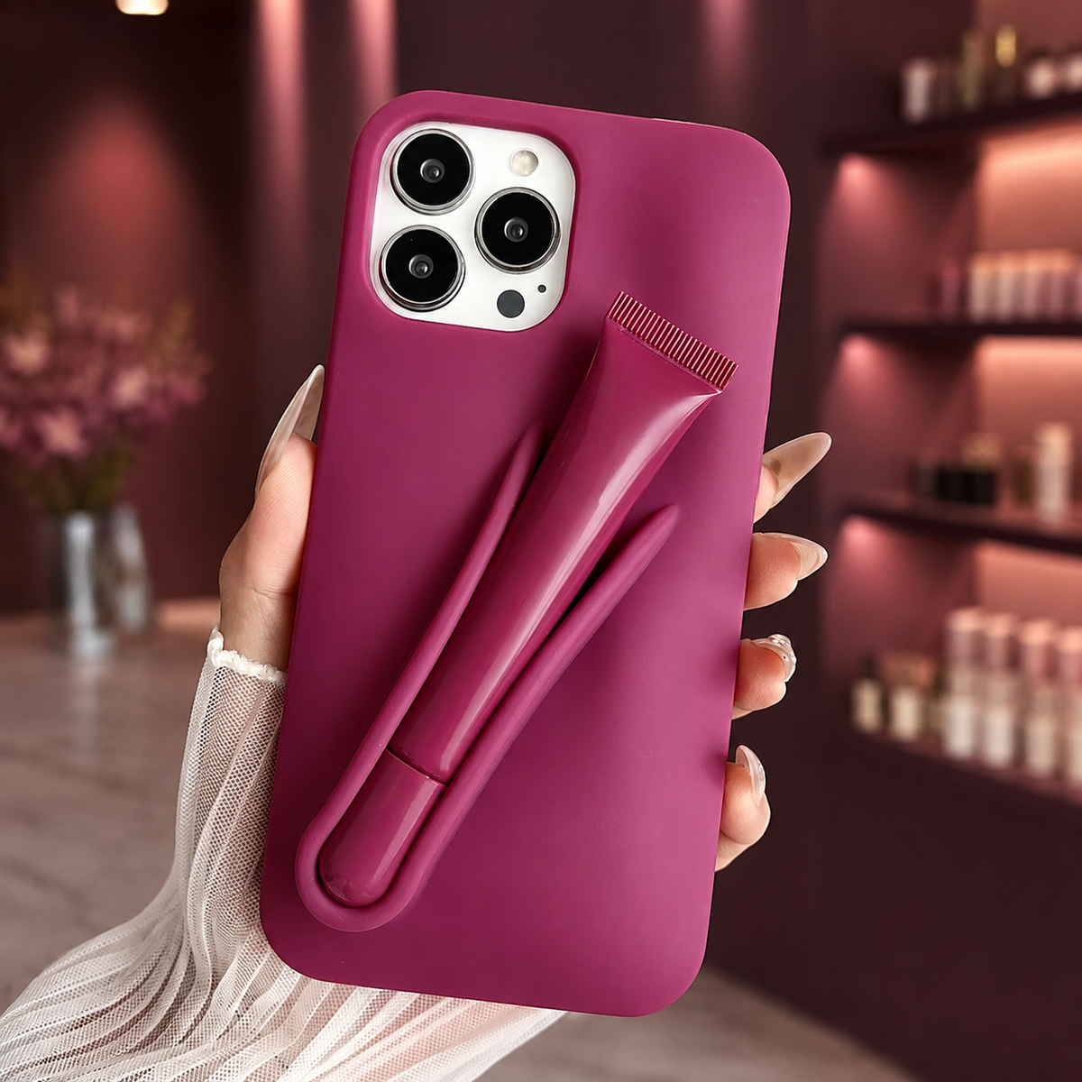 Premium iPhone Case Lip Gloss Holder Soft Silicone Protective Cover Makeup Lip Glaze Storage Slim Non Slip Lightweight Fashion Beauty Accessory Case