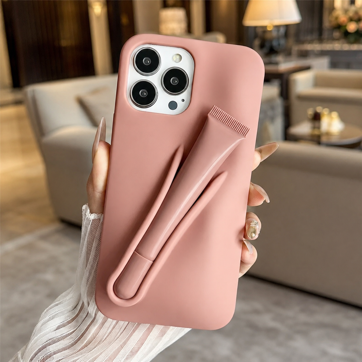 Premium iPhone Case Lip Gloss Holder Soft Silicone Protective Cover Makeup Lip Glaze Storage Slim Non Slip Lightweight Fashion Beauty Accessory Case