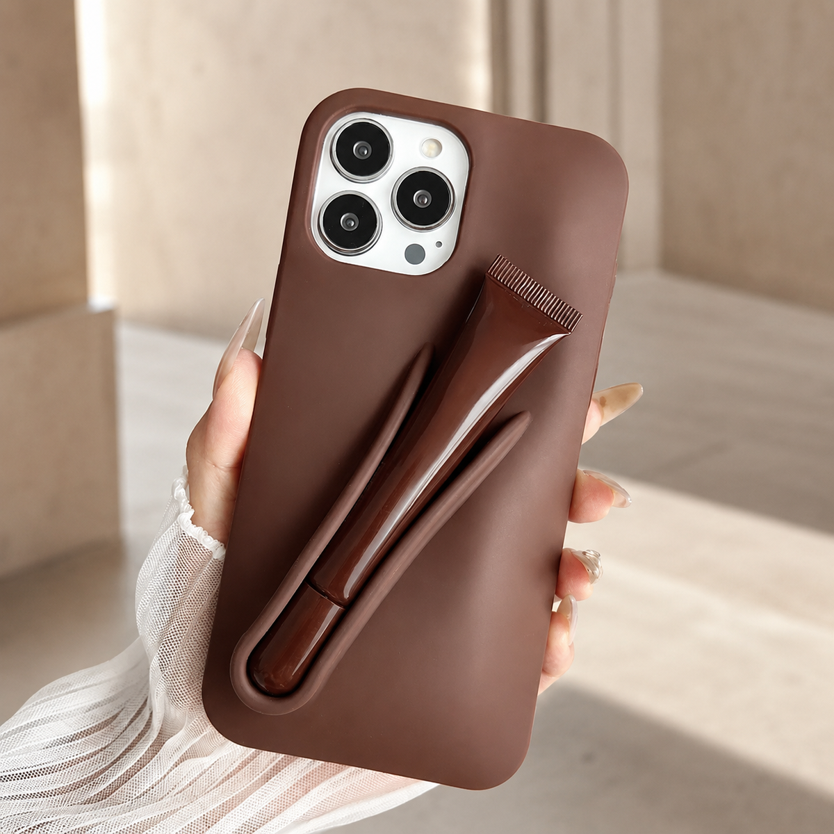 Premium iPhone Case Lip Gloss Holder Soft Silicone Protective Cover Makeup Lip Glaze Storage Slim Non Slip Lightweight Fashion Beauty Accessory Case