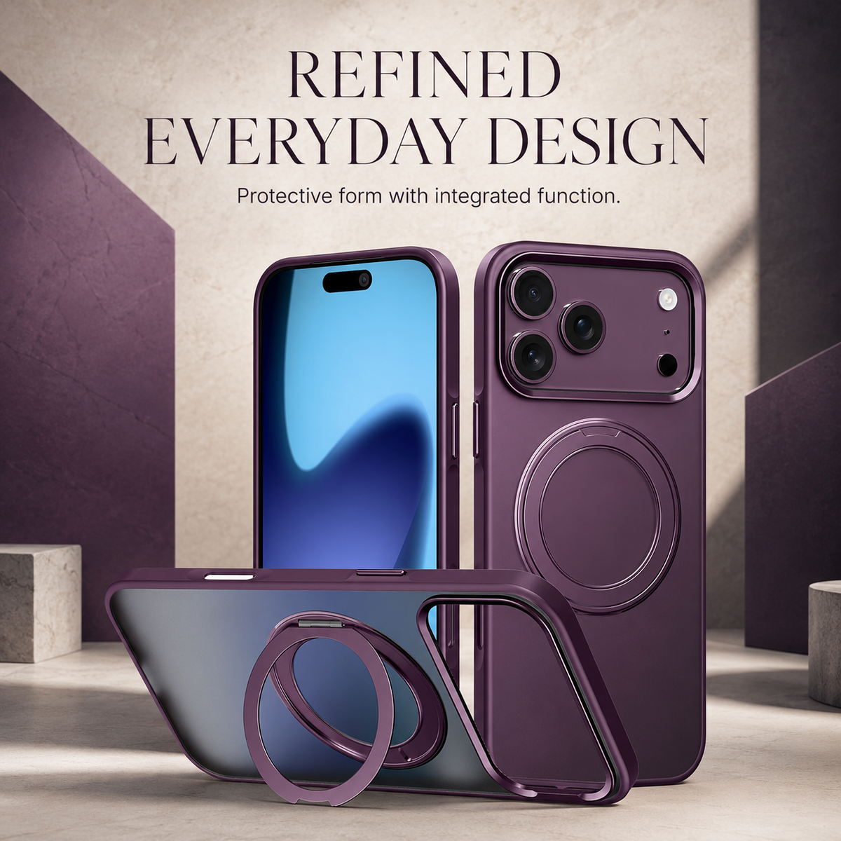 Premium iPhone Case MagSafe 360 Rotating Magnetic Kickstand Skin Feel Metal Lens Shockproof PC TPU Slim Protective Bumper Cover Case Design
