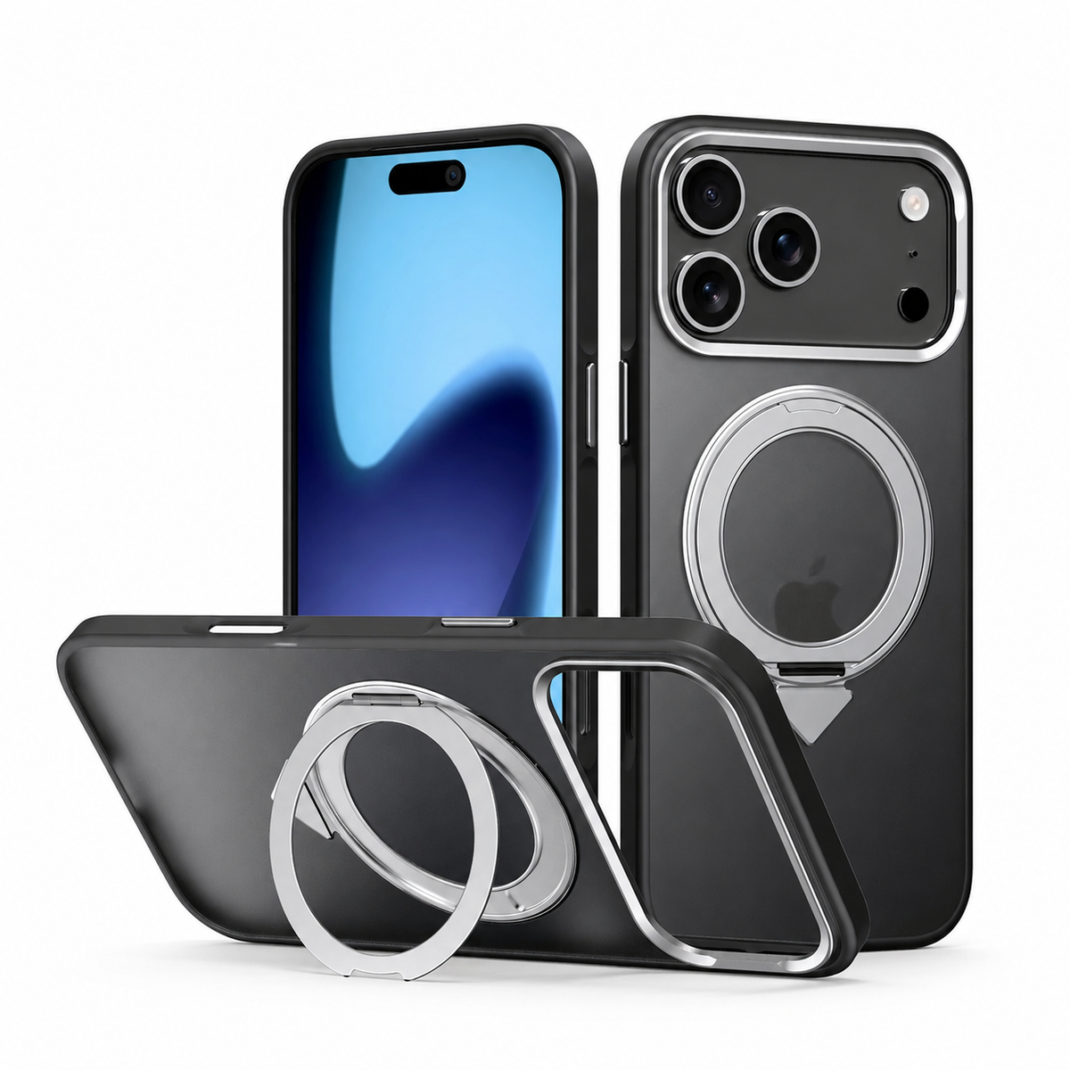 Premium iPhone Case MagSafe 360 Rotating Ring Kickstand Metal Lens Skin Feel Magnetic Shockproof PC TPU Slim Fit Protective Bumper Phone Cover Case
