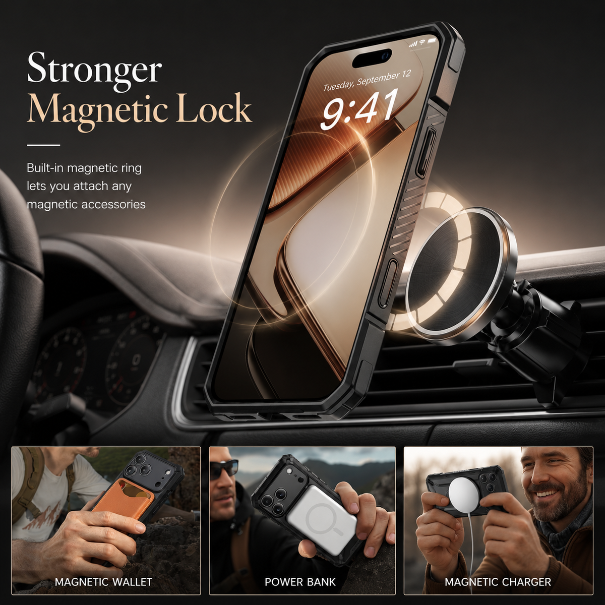 Premium iPhone Case MagSafe 360 Spin Magnetic Ring Stand Heavy Duty Shockproof PC Screen Protector Camera Control Anti Scratch Rugged Protective Cover