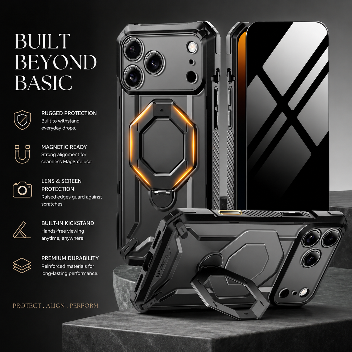 Premium iPhone Case MagSafe 360 Spin Magnetic Ring Stand Heavy Duty Shockproof PC Screen Protector Camera Control Anti Scratch Rugged Protective Cover