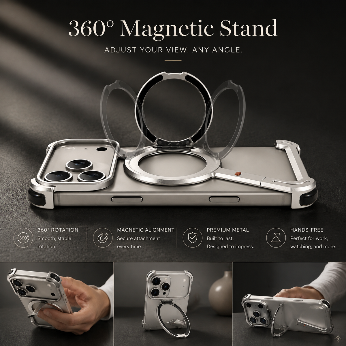 Premium iPhone Case MagSafe Aluminum Alloy Frameless Magnetic Ring Kickstand Shockproof Protective Bumper 360 Rotating Stand Anti Scratch Slim Lightweight