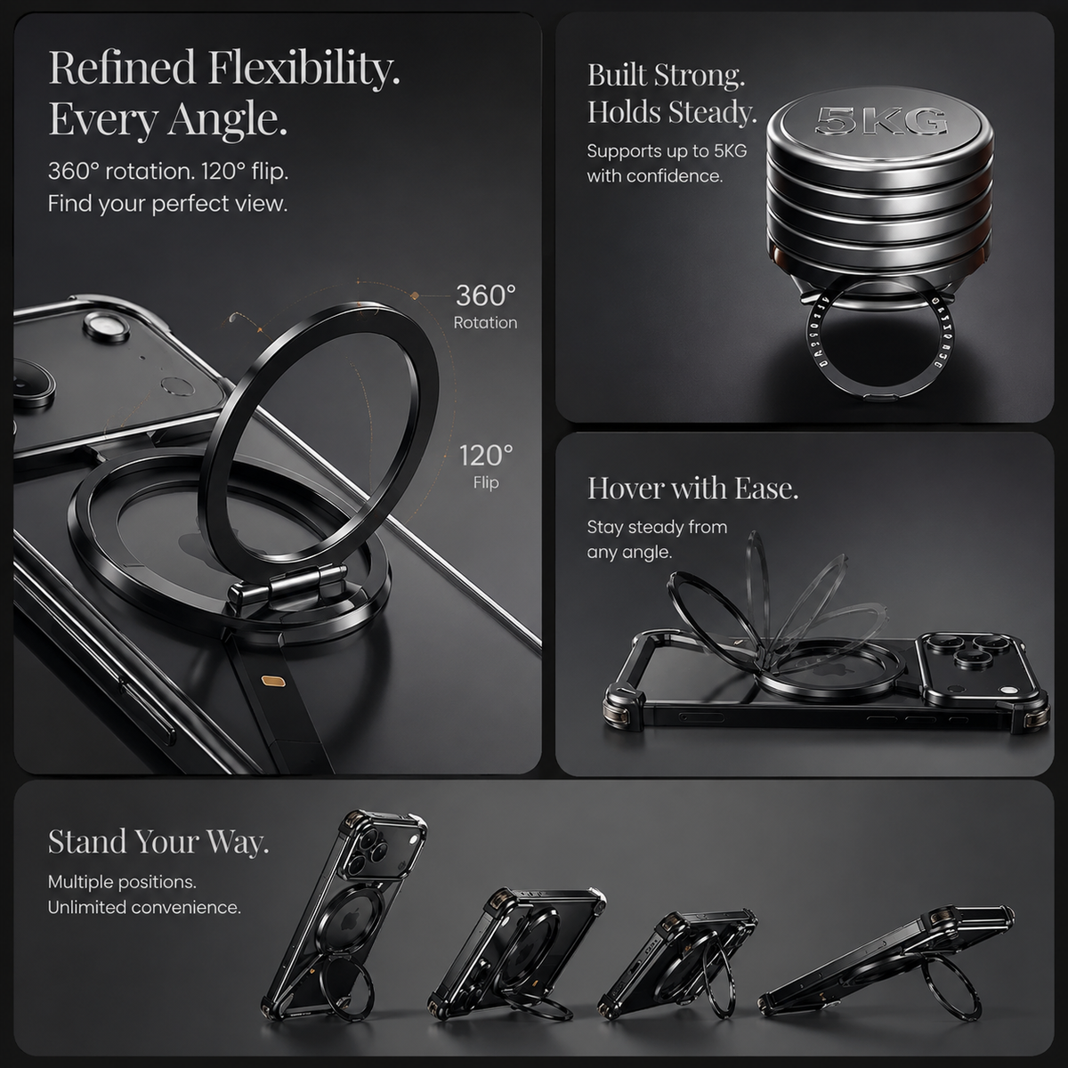 Premium iPhone Case MagSafe Aluminum Alloy Frameless Magnetic Ring Kickstand Shockproof Protective Bumper 360 Rotating Stand Anti Scratch Slim Lightweight