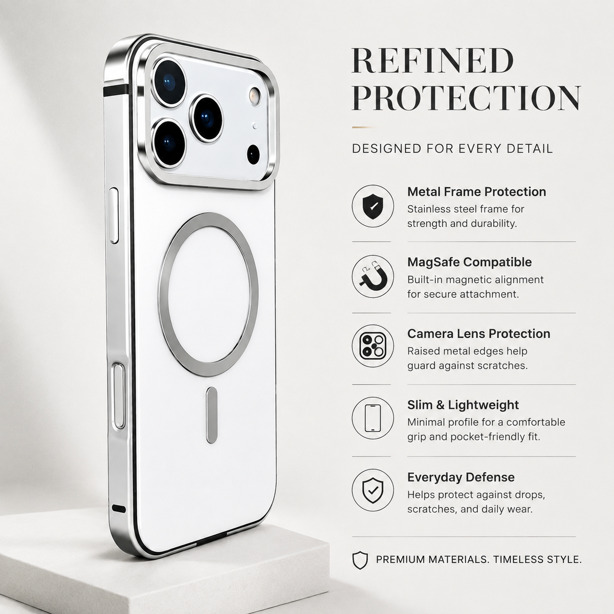 Premium iPhone Case MagSafe Aluminum Alloy Metal Frame Magnetic Shockproof Protective Cover Anti Drop Anti Scratch Reinforced Corners Slim Lightweight