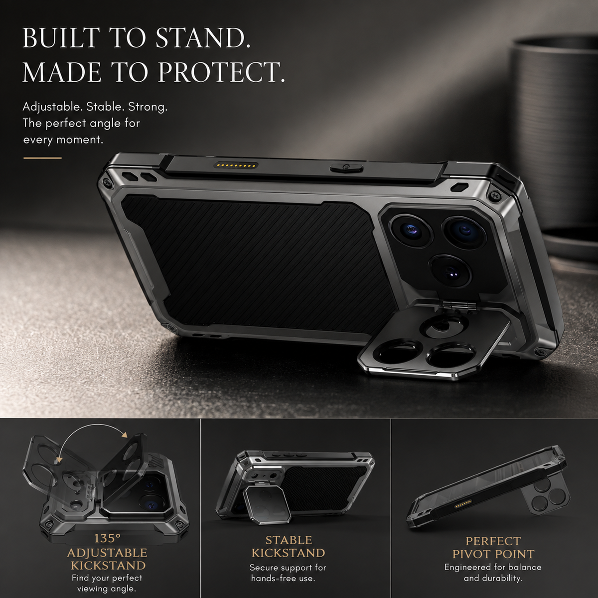 Premium iPhone Case MagSafe Aluminum Armor Camera Kickstand Magnetic Heavy Duty Shockproof Glass Screen Protector Anti Scratch Full Coverage Metal Case
