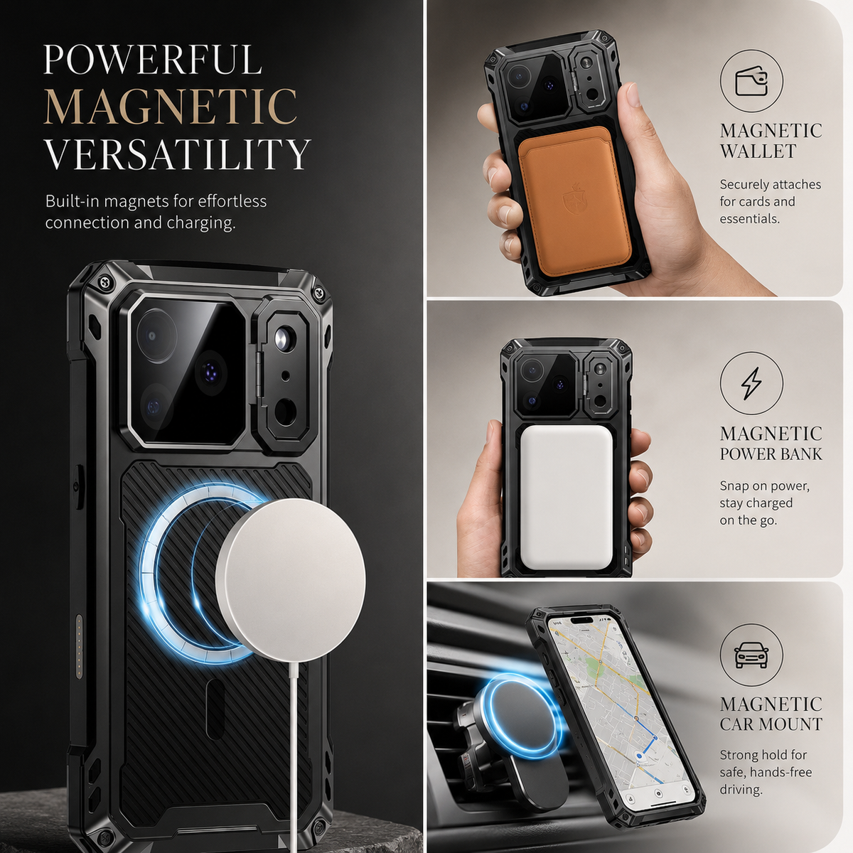 Premium iPhone Case MagSafe Aluminum Armor Camera Kickstand Magnetic Heavy Duty Shockproof Glass Screen Protector Anti Scratch Full Coverage Metal Case