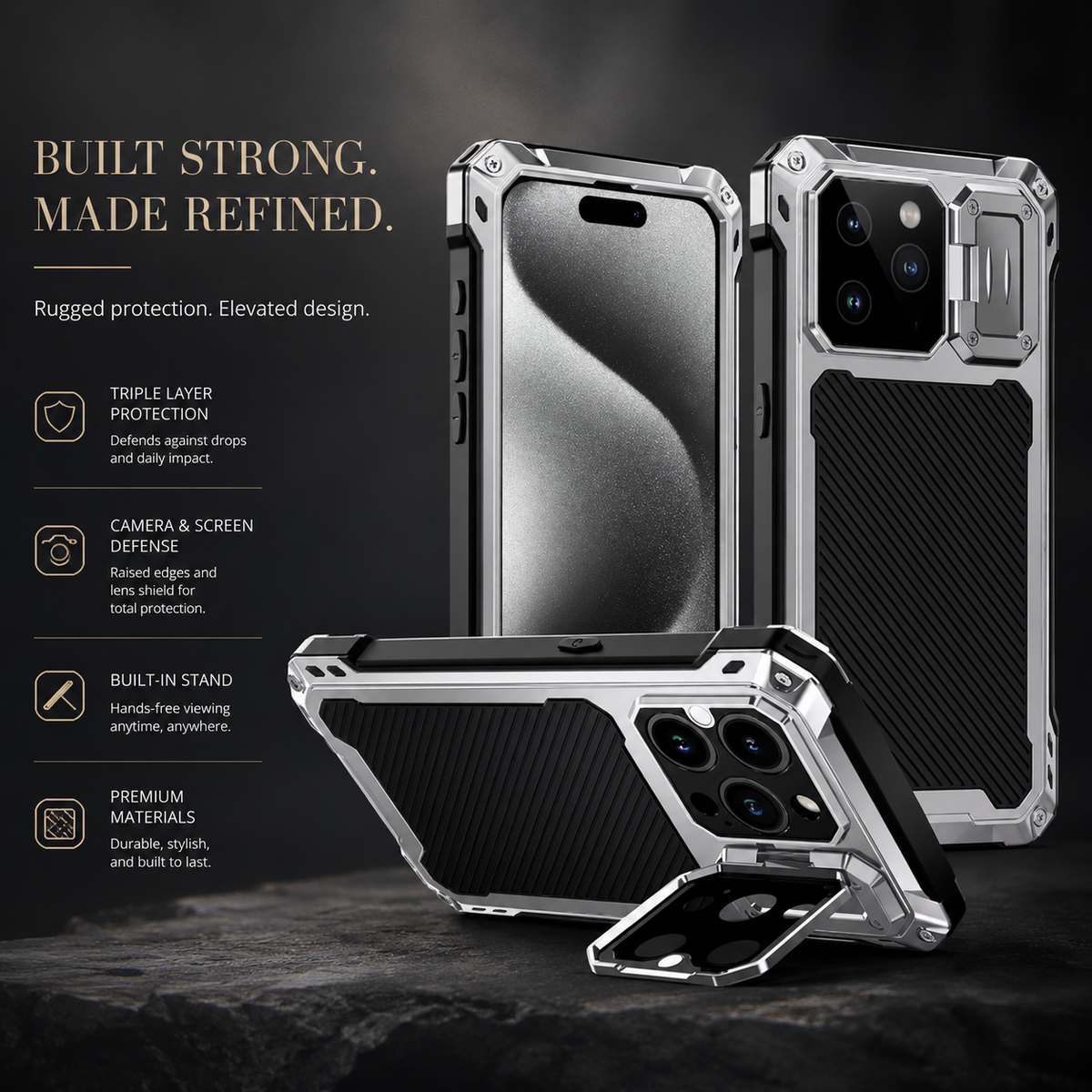 Premium iPhone Case MagSafe Aluminum Armor Camera Kickstand Magnetic Heavy Duty Shockproof Glass Screen Protector Anti Scratch Full Coverage Metal Case