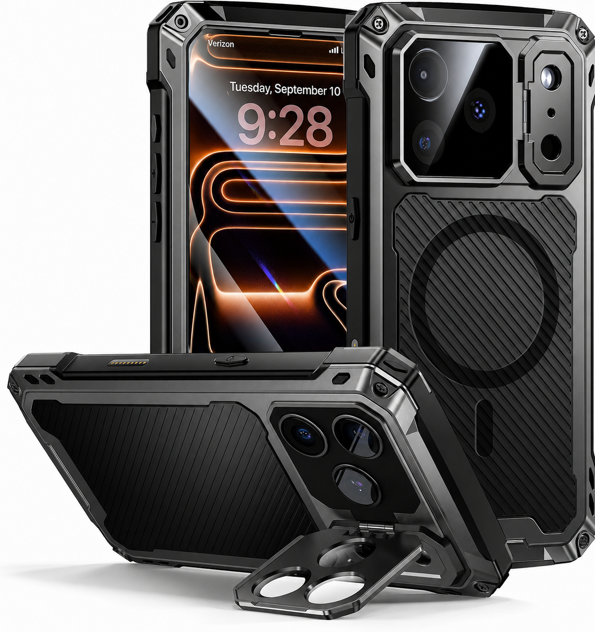 Premium iPhone Case MagSafe Aluminum Armor Camera Kickstand Magnetic Heavy Duty Shockproof Glass Screen Protector Anti Scratch Full Coverage Metal Case