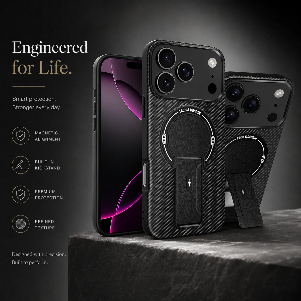 Premium iPhone Case MagSafe Carbon Fiber Armor Magnetic Ring Stand Heavy Duty PC TPU Dual Layer Shockproof Anti Scratch Protective Cover