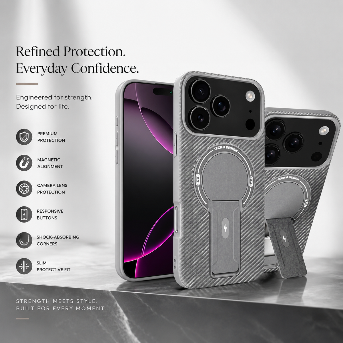 Premium iPhone Case MagSafe Carbon Fiber Armor Magnetic Ring Stand Heavy Duty PC TPU Dual Layer Shockproof Anti Scratch Protective Cover