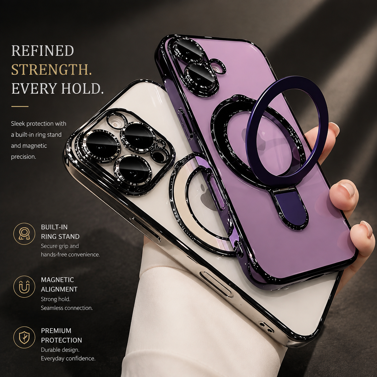 Premium iPhone Case MagSafe Clear Acrylic Magnetic Kickstand Shockproof Protective Cover Camera Lens Protection Anti Fingerprint Plated Slim Anti Scratch