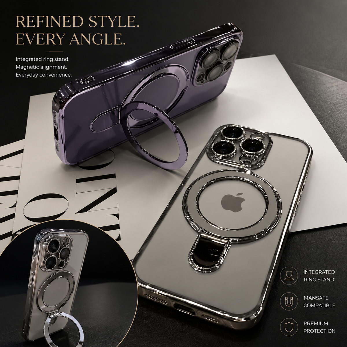 Premium iPhone Case MagSafe Clear Acrylic Magnetic Kickstand Shockproof Protective Cover Camera Lens Protection Anti Fingerprint Plated Slim Anti Scratch
