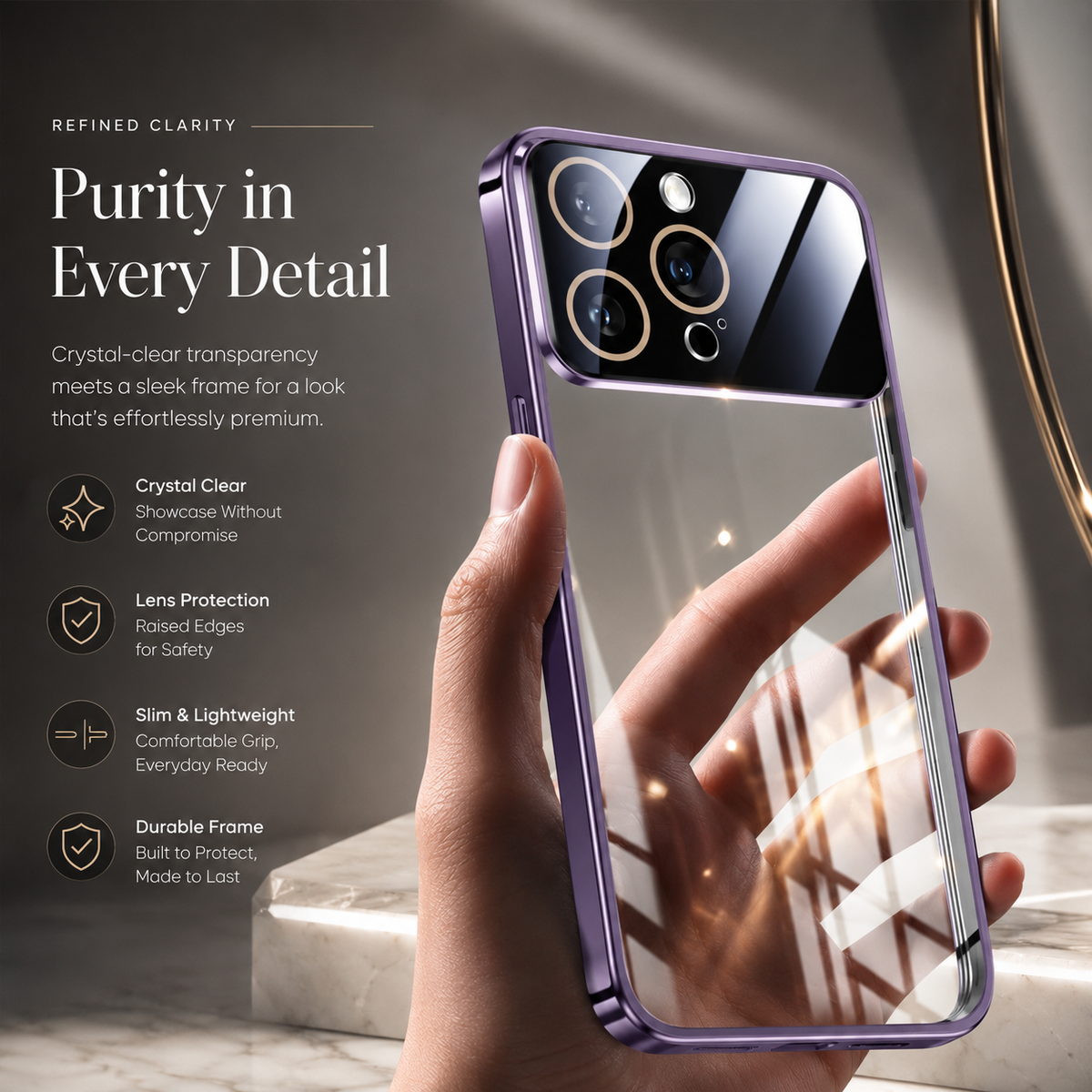 Premium iPhone Case MagSafe Clear Acrylic Shockproof Protective Cover Tempered Glass Camera Lens Protection Anti Scratch Plated Edge Slim Transparent
