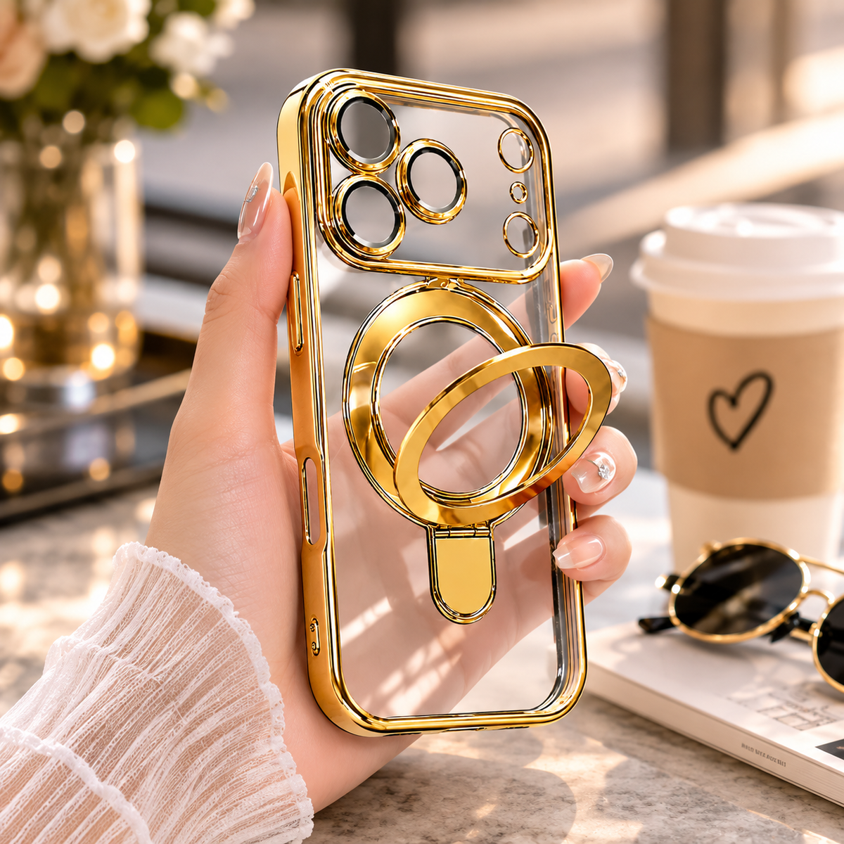 Premium iPhone Case MagSafe Clear Magnetic Plating Stand Holder Shockproof PC TPU Protective Cover Foldable Bracket Anti Scratch Slim Transparent Case