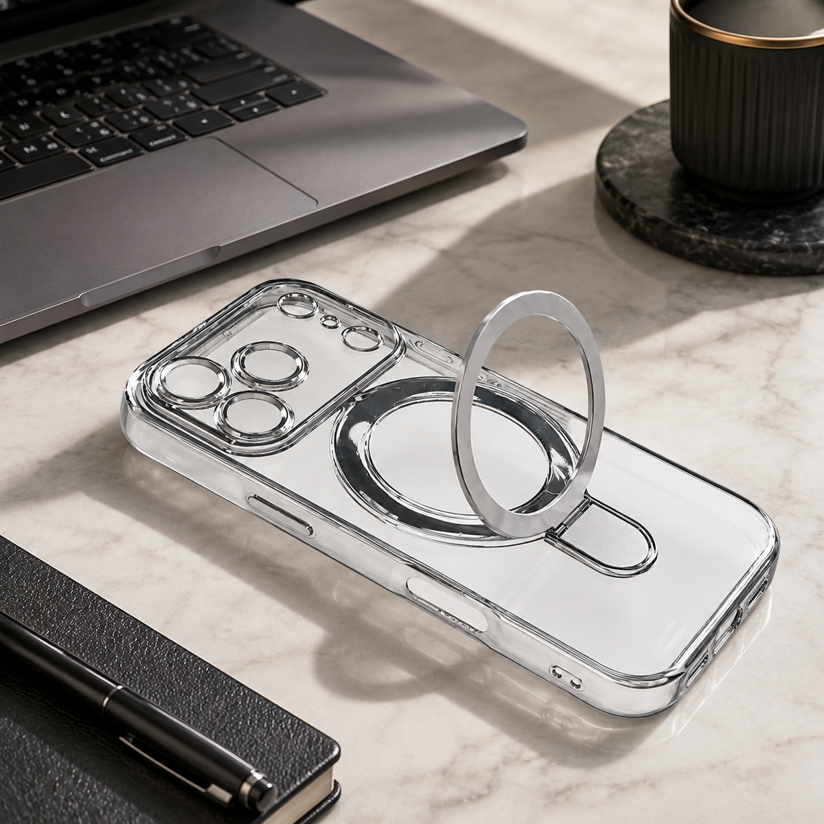 Premium iPhone Case MagSafe Clear Magnetic Plating Stand Holder Shockproof PC TPU Protective Cover Foldable Bracket Anti Scratch Slim Transparent Case
