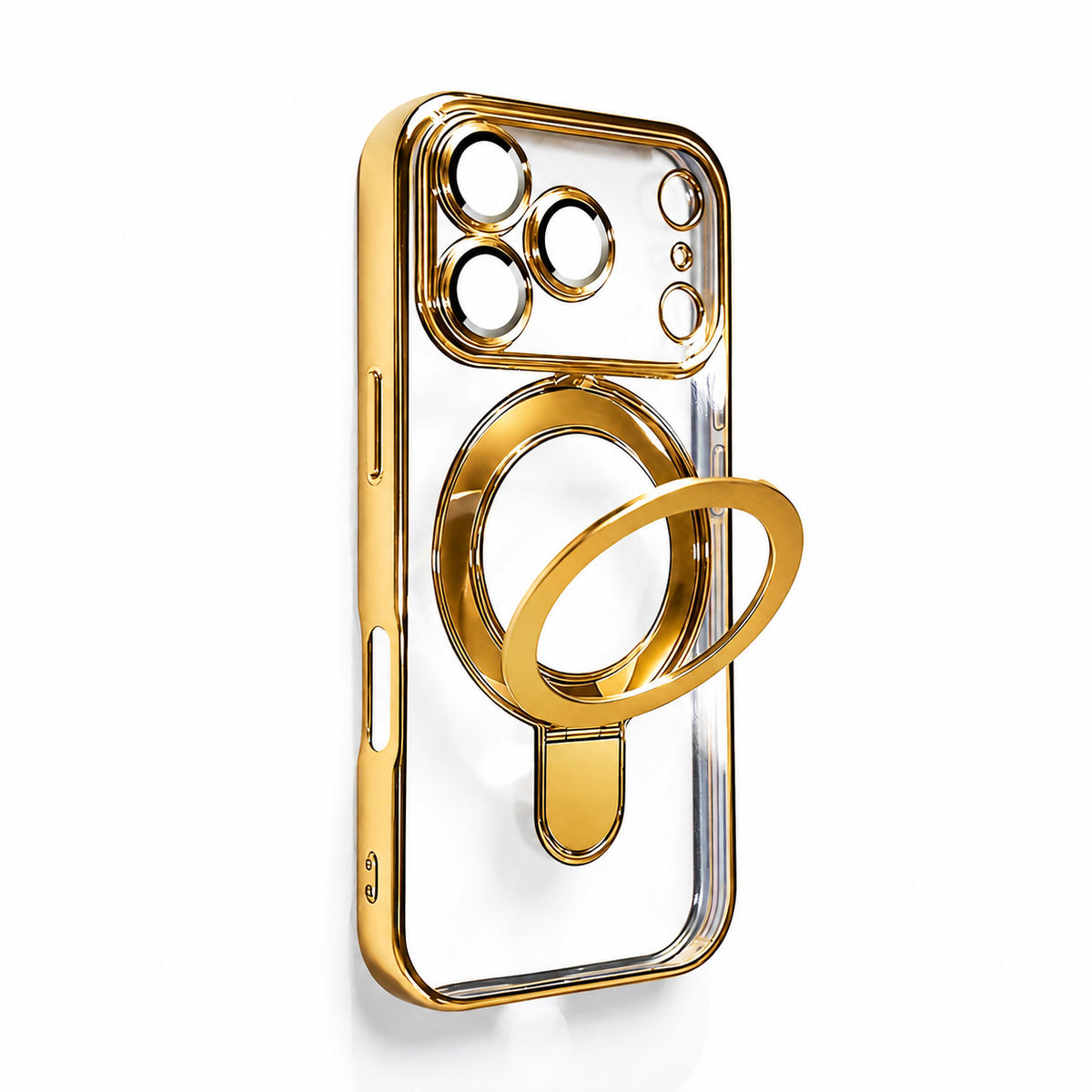 Premium iPhone Case MagSafe Clear Magnetic Plating Stand Holder Shockproof PC TPU Protective Cover Foldable Bracket Anti Scratch Slim Transparent Case