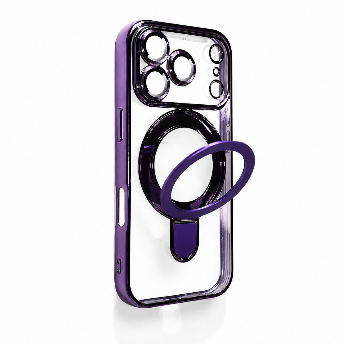 Premium iPhone Case MagSafe Clear Magnetic Plating Stand Holder Shockproof PC TPU Protective Cover Foldable Bracket Anti Scratch Slim Transparent Case